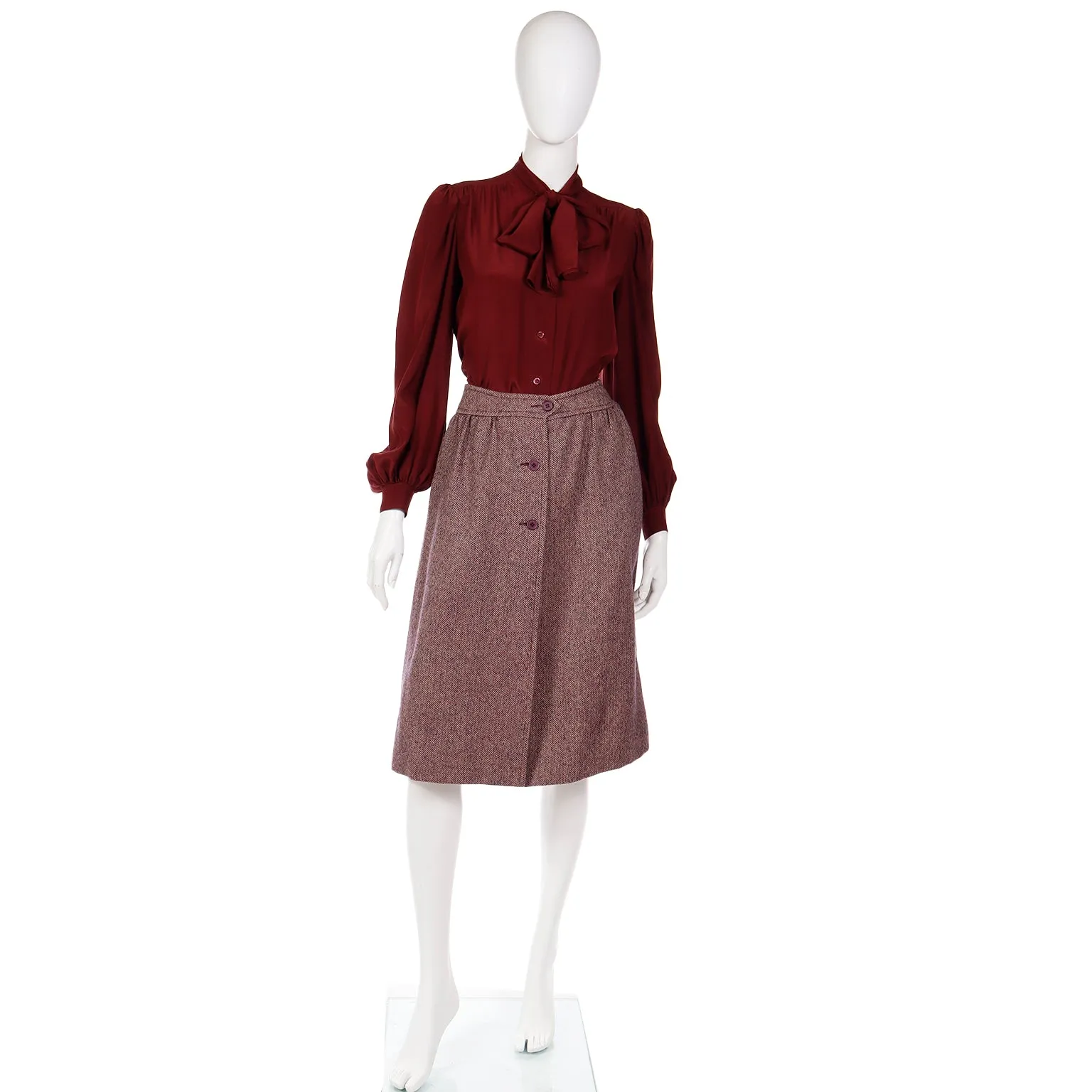 1970s Jean Patou Boutique 3pc Burgundy Culotte Plaid Vest & Blouse Outfit