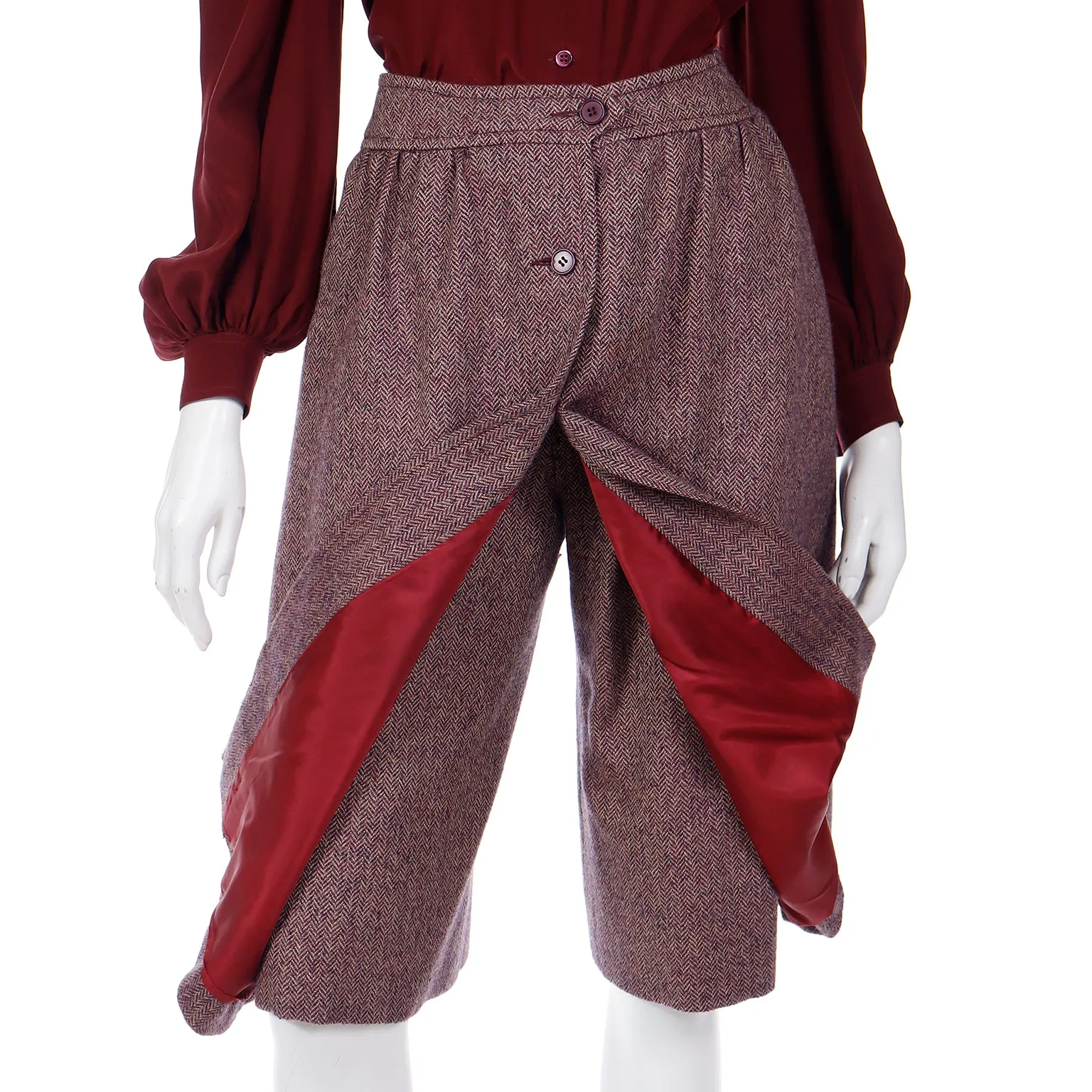 1970s Jean Patou Boutique 3pc Burgundy Culotte Plaid Vest & Blouse Outfit