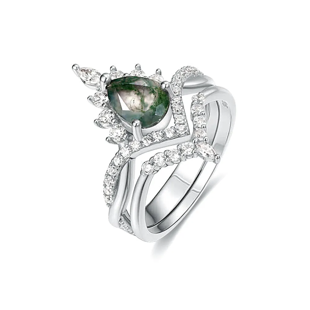 925 Sterling Silver Crown Green Moss Agate Engagement Ring