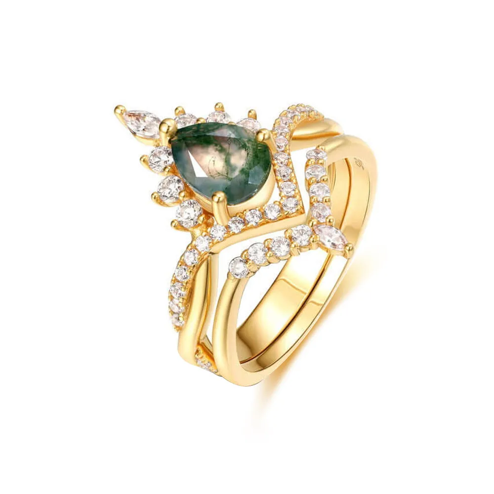 925 Sterling Silver Crown Green Moss Agate Engagement Ring