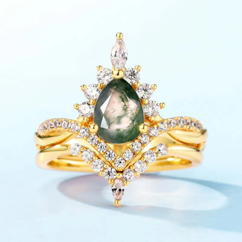 925 Sterling Silver Crown Green Moss Agate Engagement Ring