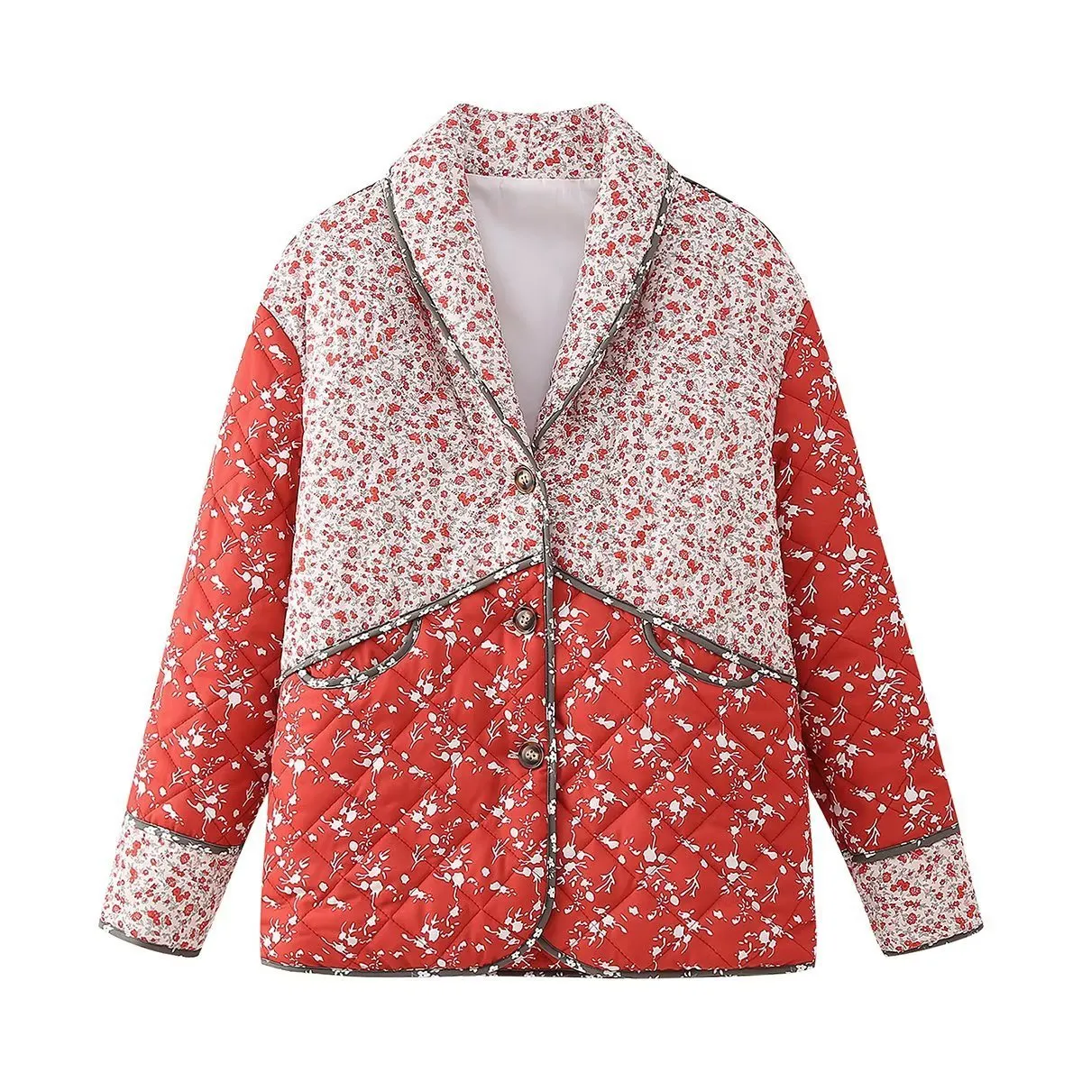 Amandine | Ethnic style Floral Print Color Contrast Quilted Jacket