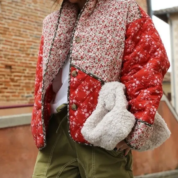 Amandine | Ethnic style Floral Print Color Contrast Quilted Jacket