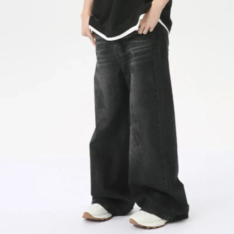 American Style Casual Men's Jeans Dirty Design Straight Wide Leg Denim Pants Loose Male Trousers Chic Summer 2024 C6284