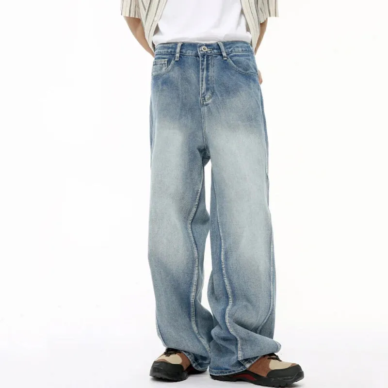 American Style Men' Denim Pants Casual Multi-level Patchwork Straight Buttom Loose Wide Leg Male Jeans Chic 9C6432