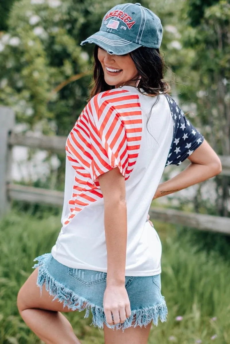 American USA Flag Sequin White T Shirt