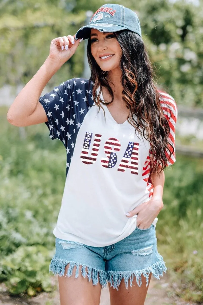 American USA Flag Sequin White T Shirt