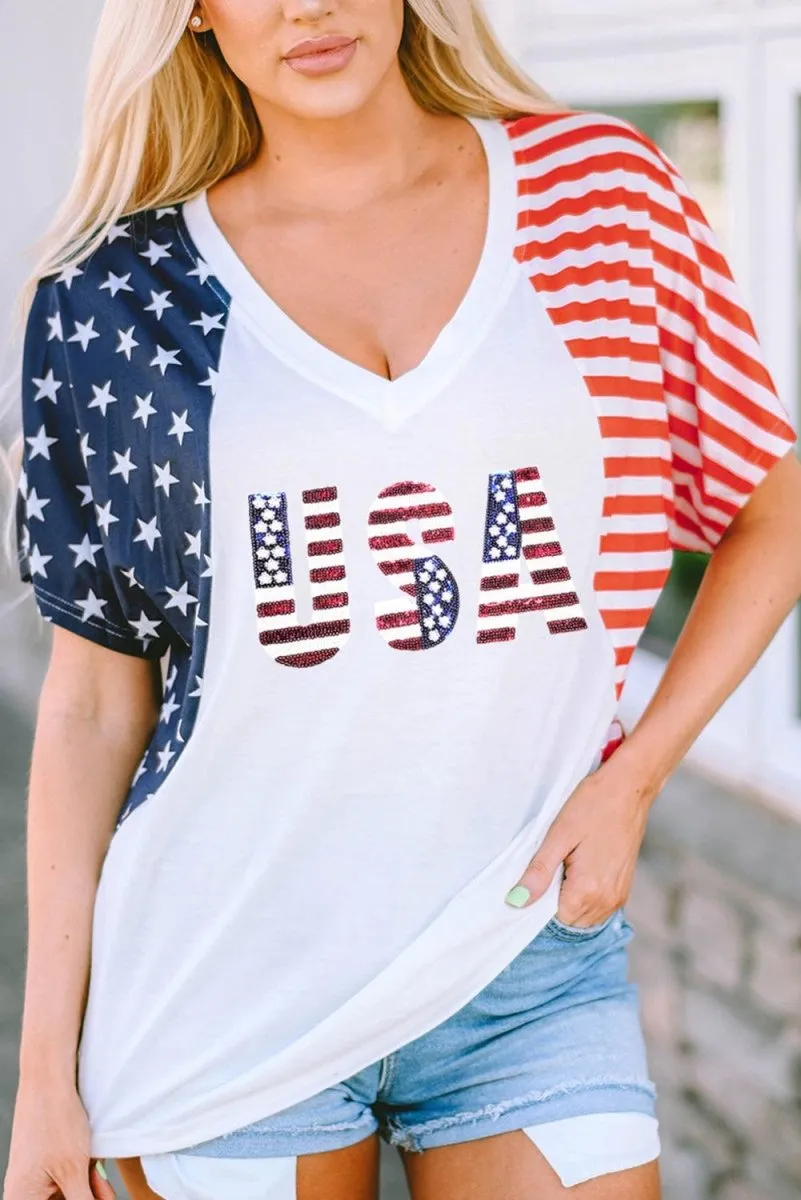 American USA Flag Sequin White T Shirt