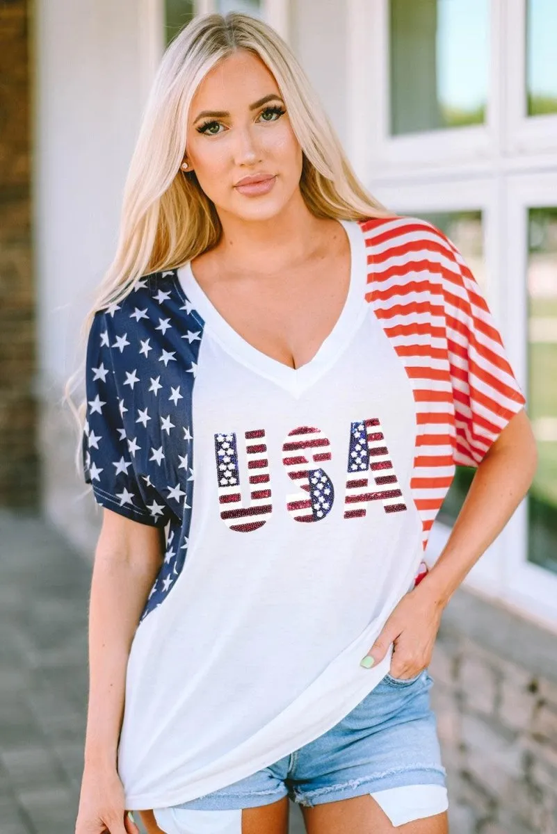 American USA Flag Sequin White T Shirt