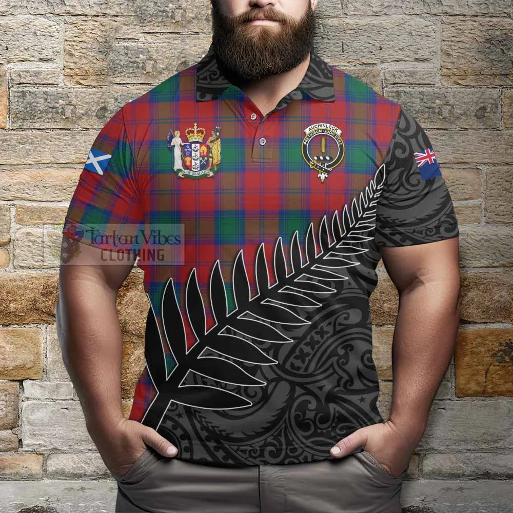 Auchinleck (Affleck) Crest Tartan Polo Shirt with New Zealand Silver Fern Half Style