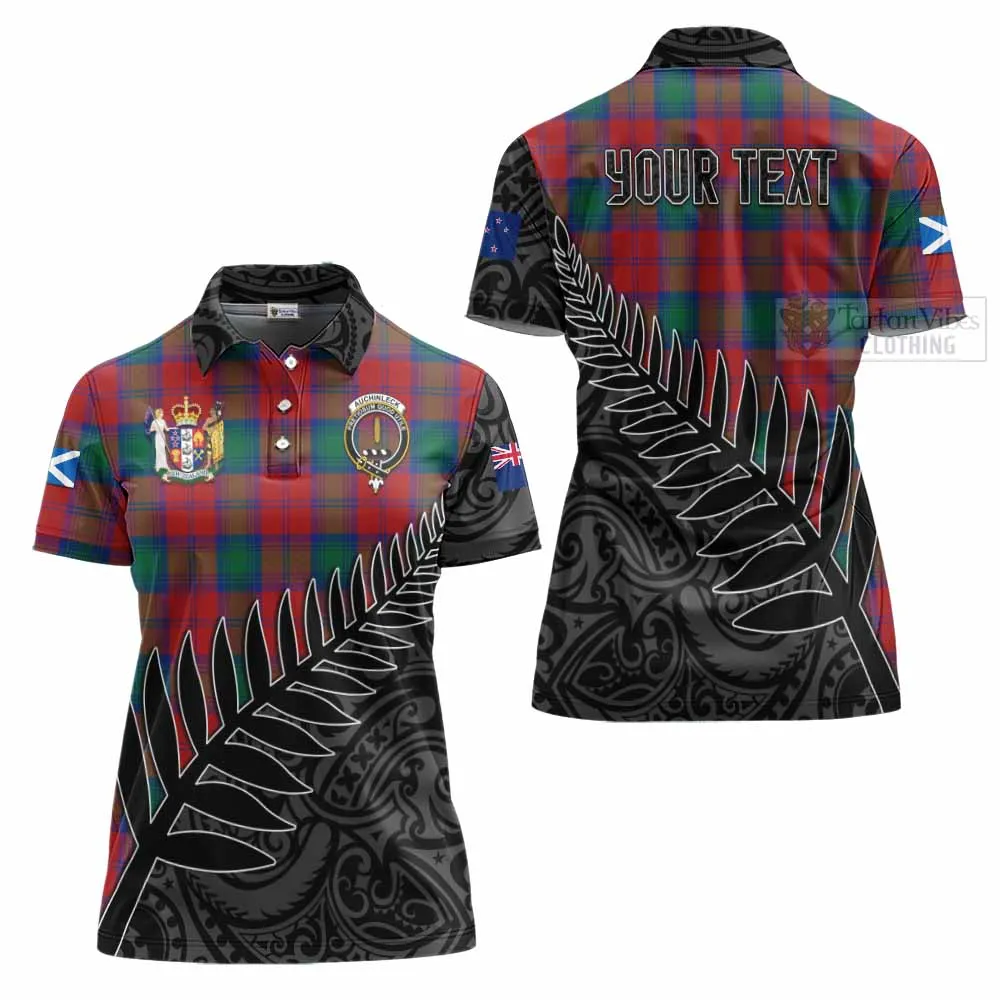 Auchinleck (Affleck) Crest Tartan Women's Polo Shirt with New Zealand Silver Fern Half Style