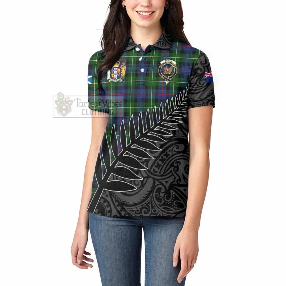 Baillie (Bailey) Crest Tartan Women's Polo Shirt with New Zealand Silver Fern Half Style