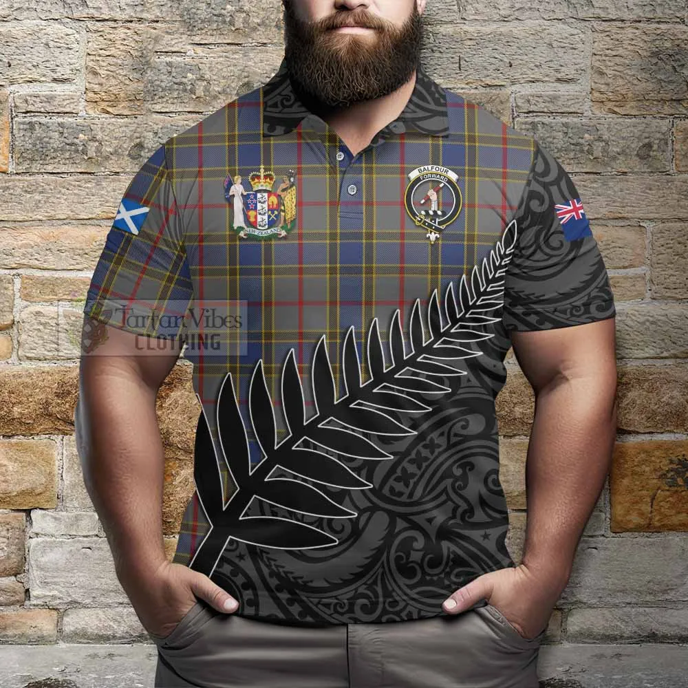 Balfour Crest Tartan Polo Shirt with New Zealand Silver Fern Half Style