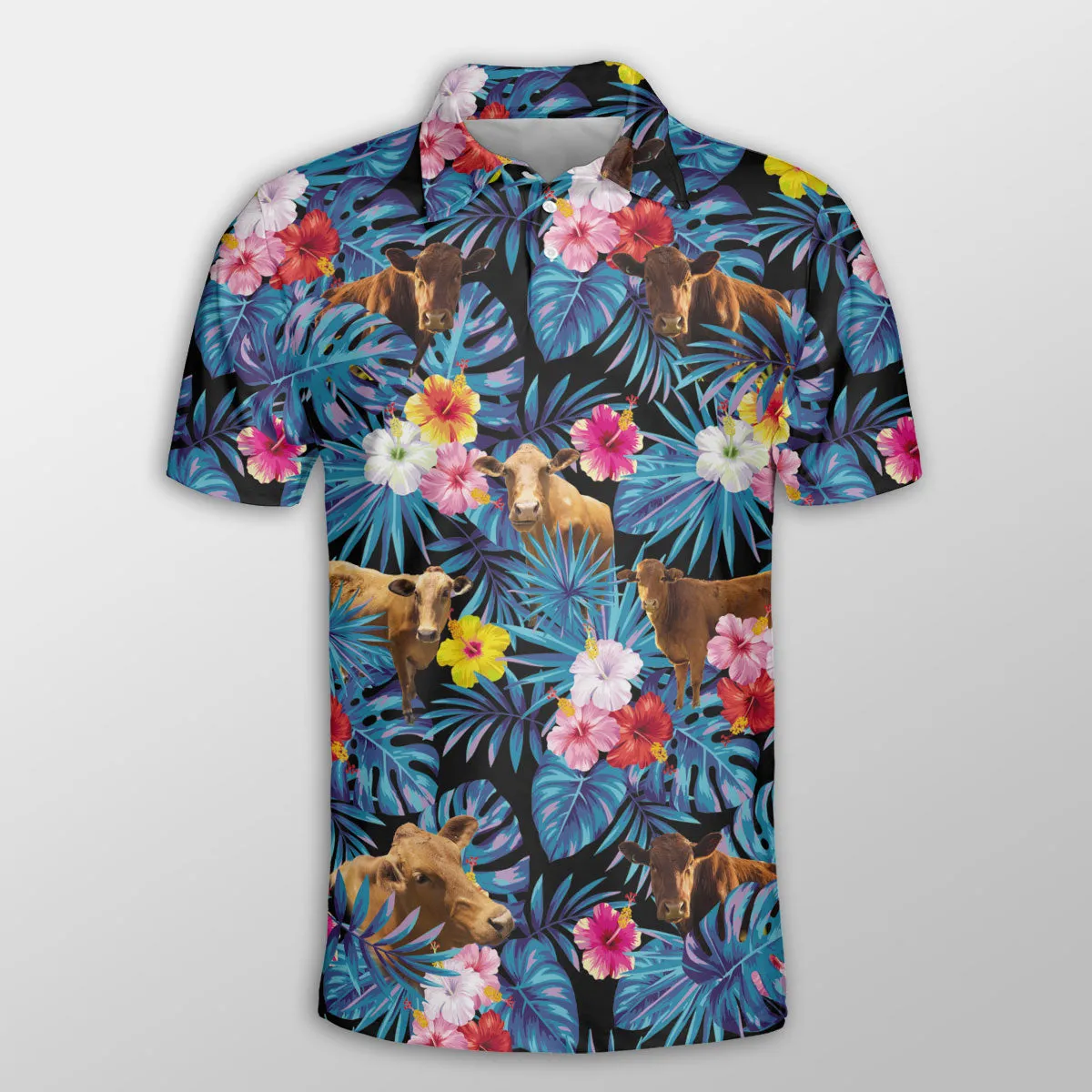 Beefmaster Tropical Flowers Leaves Pattern Button Polo Shirt, Cow Polo Shirt, Gift for Farmers