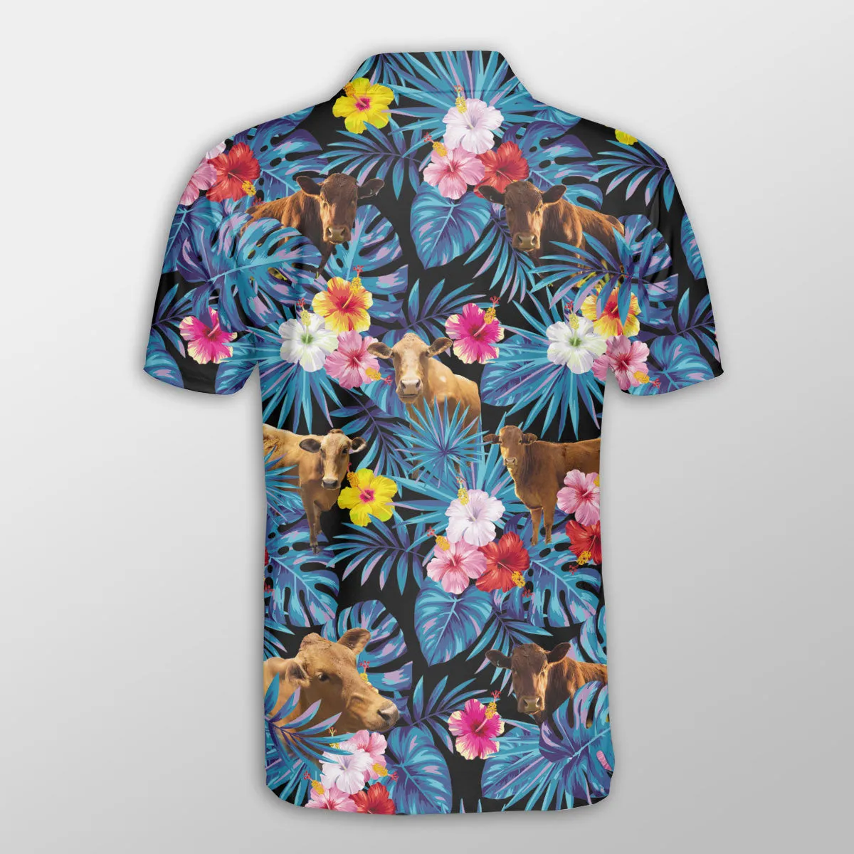 Beefmaster Tropical Flowers Leaves Pattern Button Polo Shirt, Cow Polo Shirt, Gift for Farmers