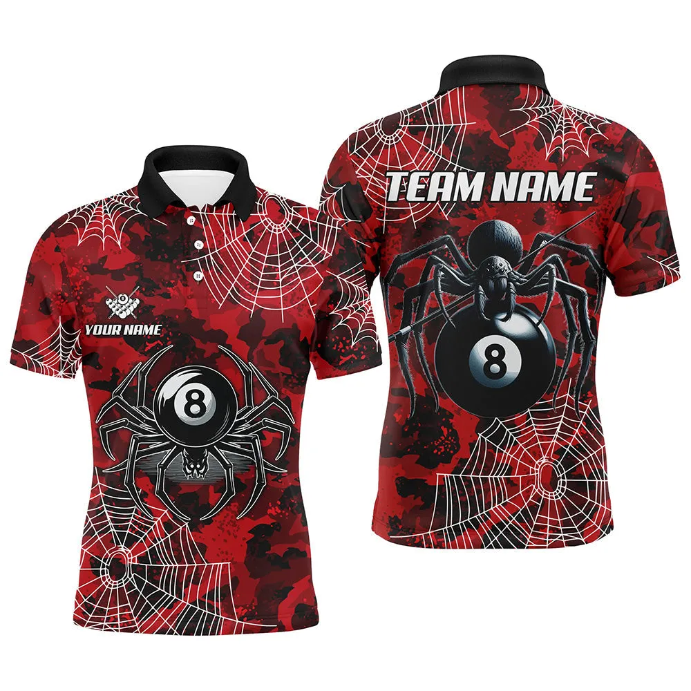 Billiard Red Camo Billiard Spider Cobweb Customized Name, Team Name 3D Polo Shirt For Men