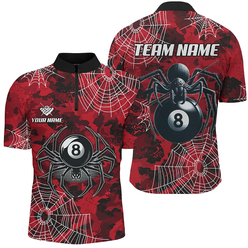 Billiard Red Camo Billiard Spider Cobweb Customized Name, Team Name 3D Polo Shirt For Men