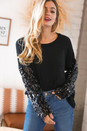 Black Hacci Ribbed Sequin Front Pocket Sweater