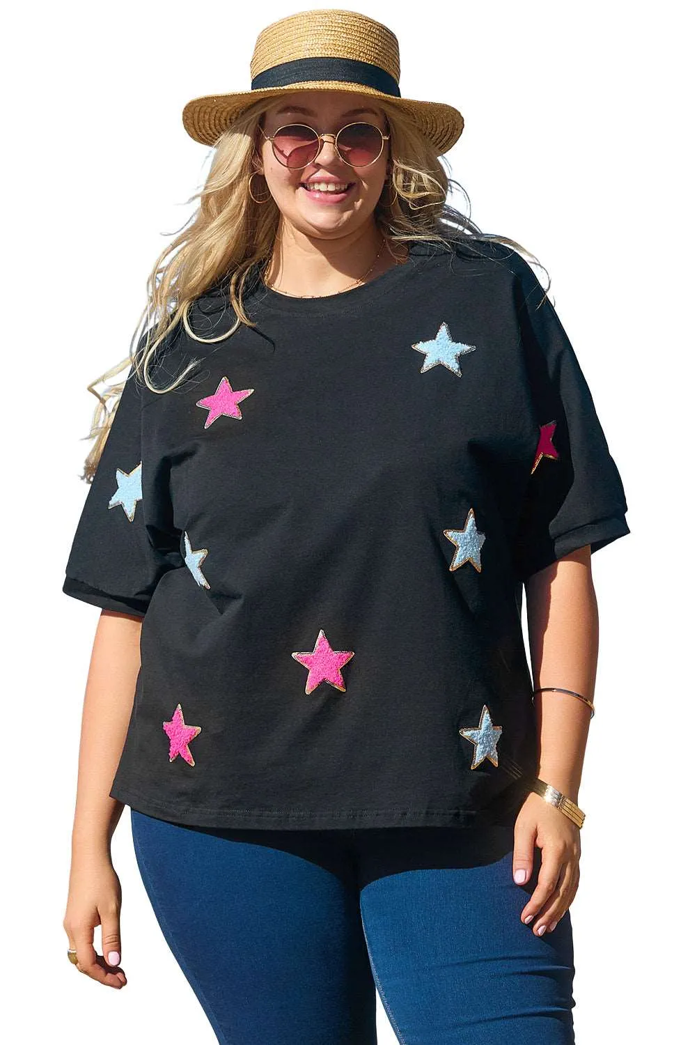 Black Sequin Chenille Star Pattern Plus Size Tee