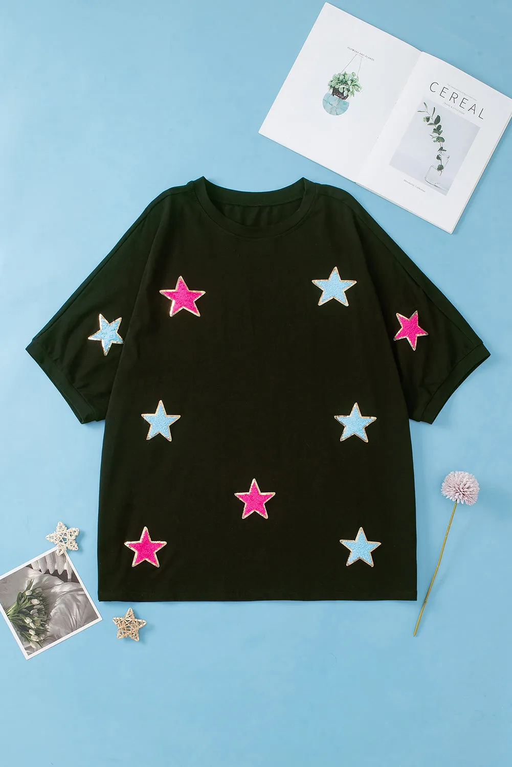 Black Sequin Chenille Star Pattern Plus Size Tee