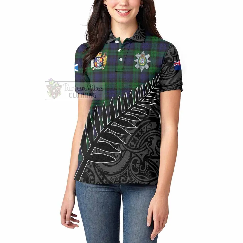 Black Watch Crest Tartan Women's Polo Shirt with New Zealand Silver Fern Half Style