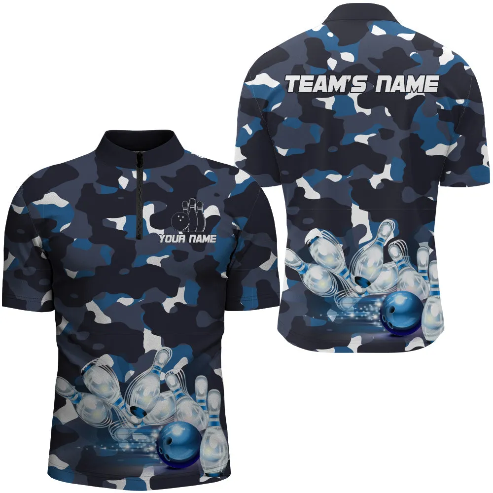 Blue Camo Bowling Men's Quarter-Zip Shirt, Custom Team Name Short Sleeve Men Bowling Jersey