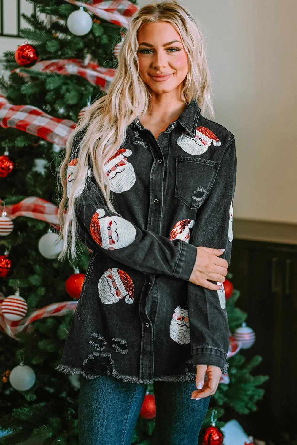 Blue Zone Planet |  Black Sequined Santa Claus Graphic Frayed Denim Jacket