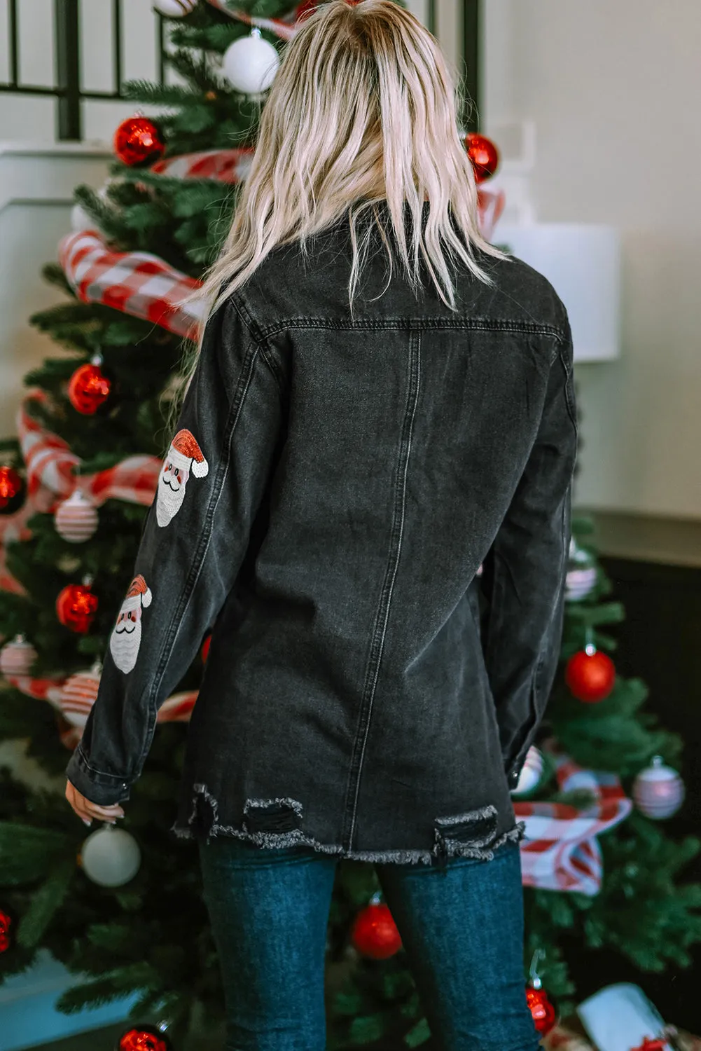 Blue Zone Planet |  Black Sequined Santa Claus Graphic Frayed Denim Jacket