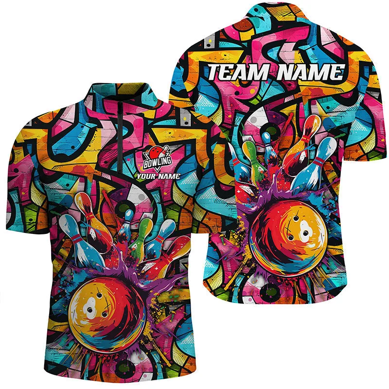 Bowling And Pins Colorful Graffiti Pattern Customized Name, Team Name 3D Zipper Polo Shirt For Men