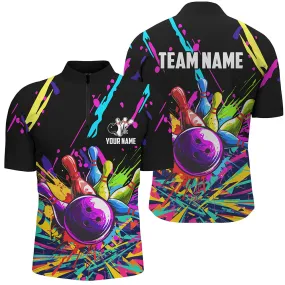 Bowling And Pins Colorful Graffiti Pattern Customized Name, Team Name 3D Zipper Polo Shirt For Men