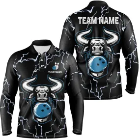 Bowling Bull Thunder Lightning Black Bowling Long Sleeve polo shirts for men custom Bowling Team League Jersey