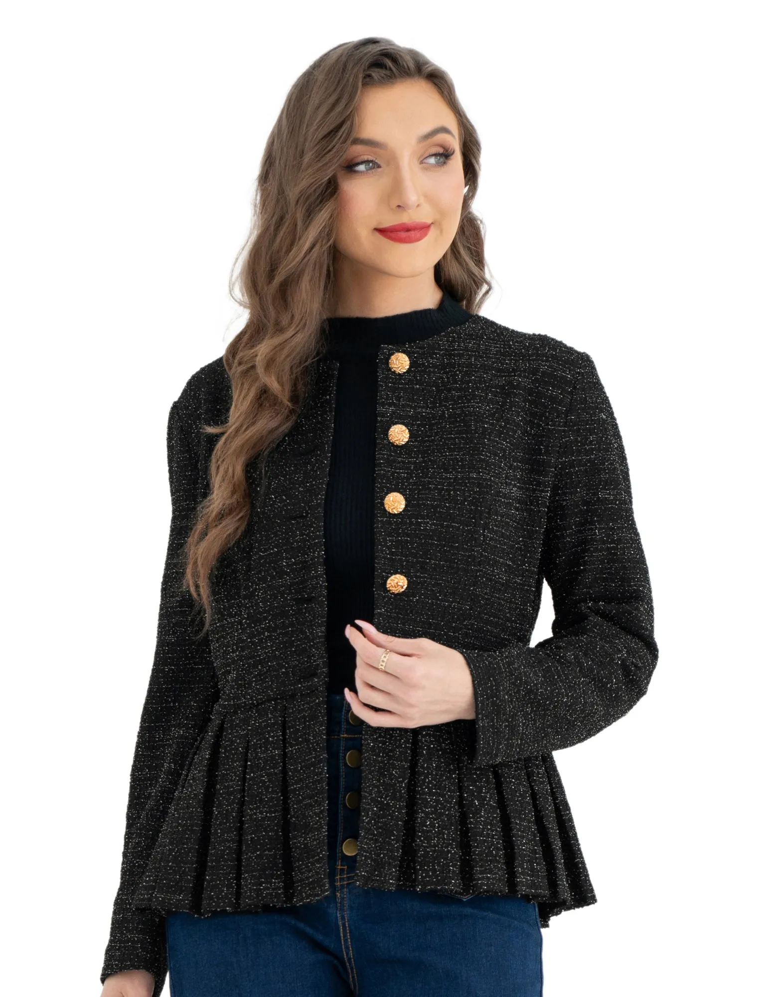 BP Women Vintage Tweed Coat Long Sleeve Crew Neck Pleated Hem Jacket