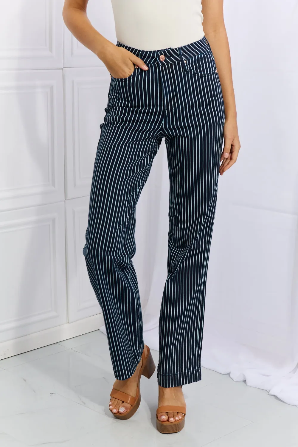 Cassidy Full Size High Waisted Tummy Control Striped Straight Jeans