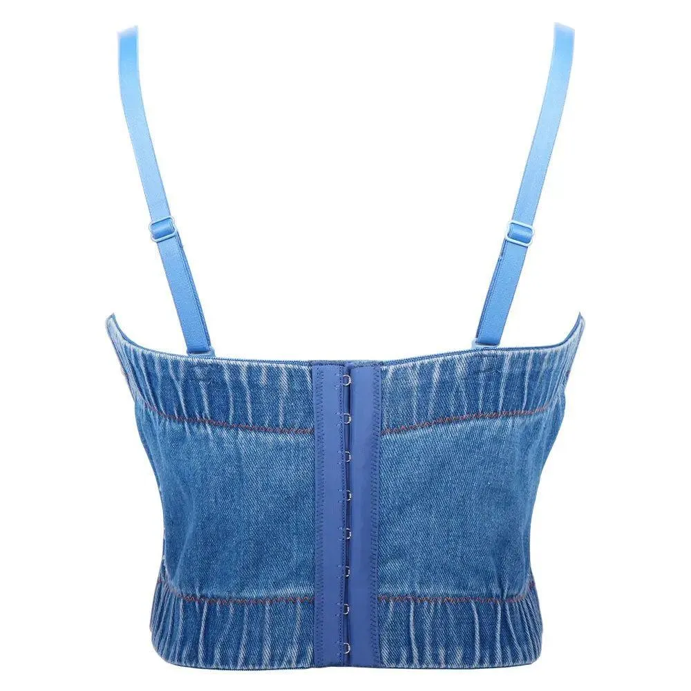 Cassie Embellished denim bustier top in blue