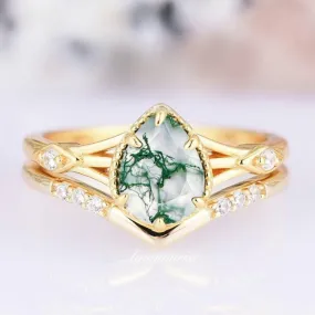 Celtic Teardrop Green Moss Agate Ring- 14K Yellow Gold Vermeil