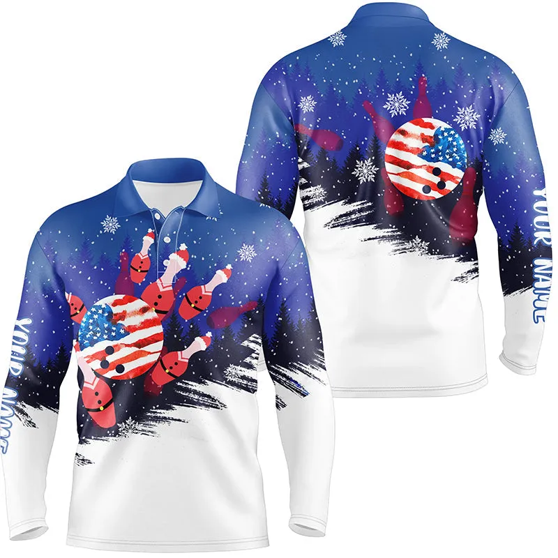 Christmas Bowling Santa Pins American Flag Customized Name And Team Name 3D Shirt, Gift for Bowler