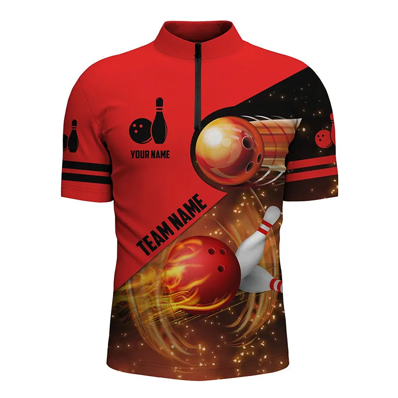 Custom Red Flame Bowling Jersey Shirts For Men, Bowling Team Flaming Bowling Ball, Gift for Bowler