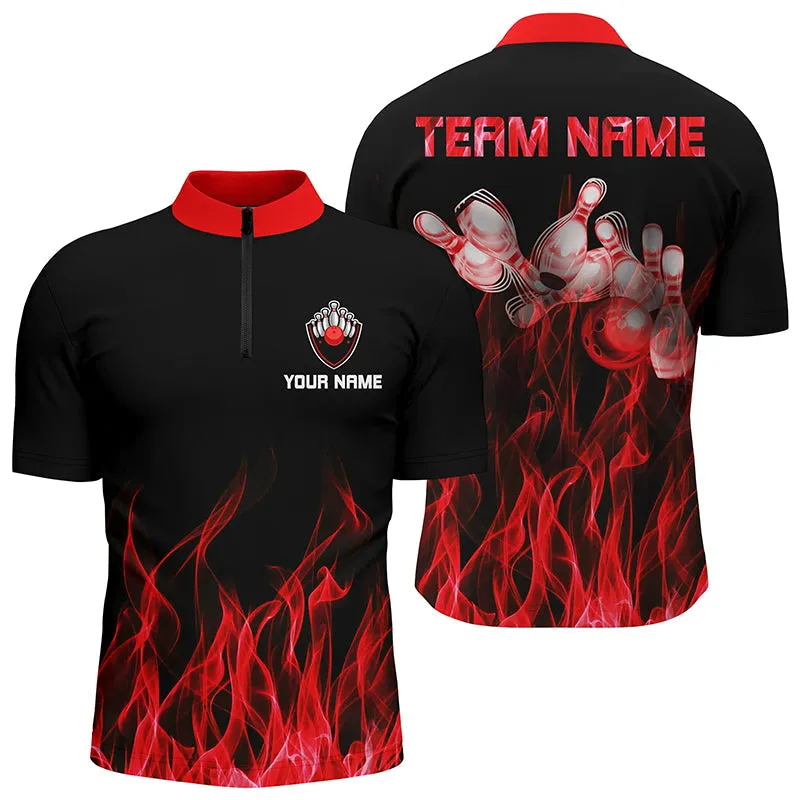 Custom Red Flame Bowling Jersey Shirts For Men, Bowling Team Flaming Bowling Ball, Gift for Bowler