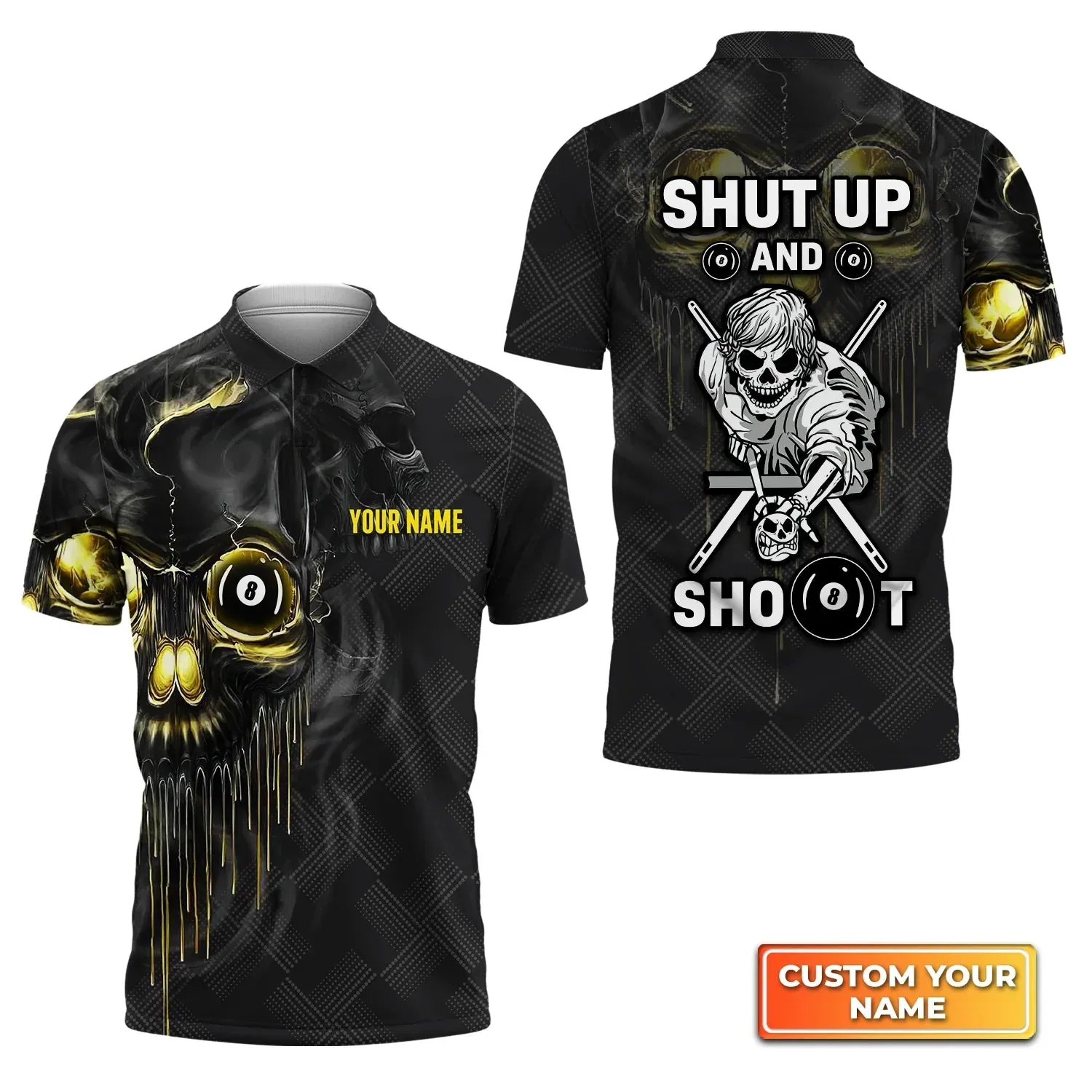 Customized Name Pool Shut Up And Shoot 3D Polo Shirt For Billiard Players, Skull Shirt, Billiard Shirt