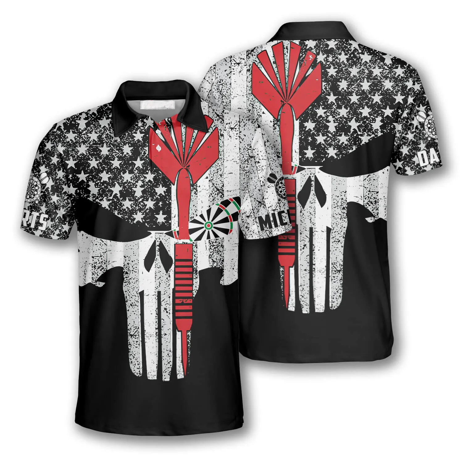 Darts Punisher Skull Custom Polo Shirts for Men, Custom Name Dart Shirt