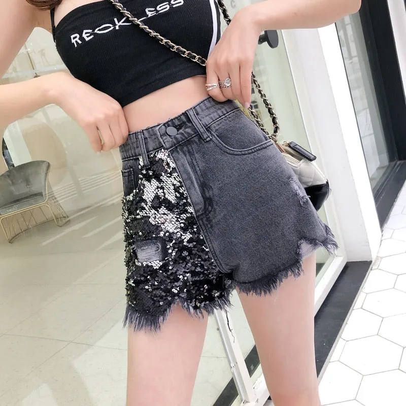 Denim Sequin Shorts