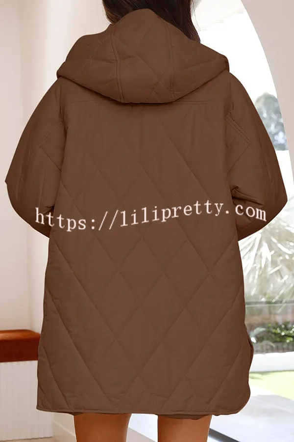 Diamond Quilted Button Pocket Hooded Long Sleeve Coat