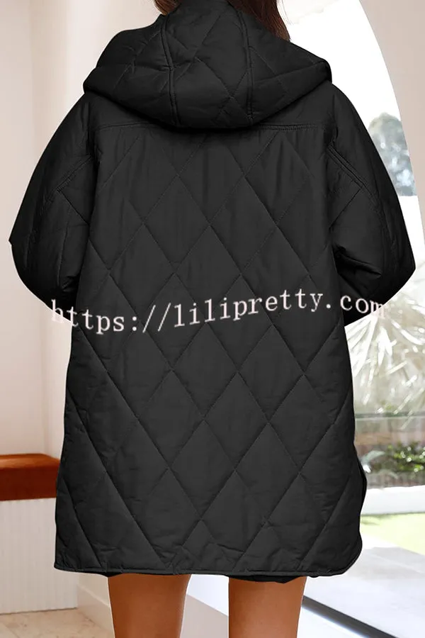 Diamond Quilted Button Pocket Hooded Long Sleeve Coat