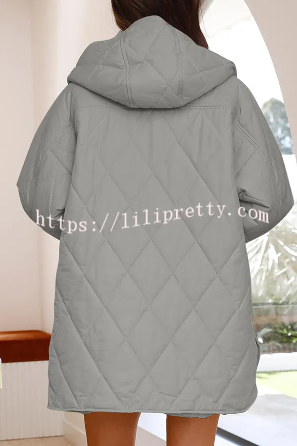 Diamond Quilted Button Pocket Hooded Long Sleeve Coat