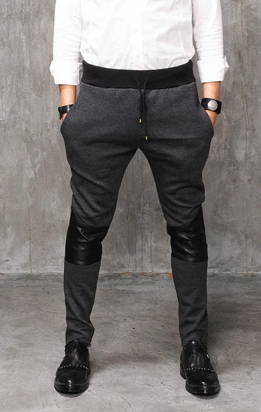 Faux Leather Paneled  Knee Gold and Silver ZipperJogger Leg Mens Slim Biker Jersey Sweatpants