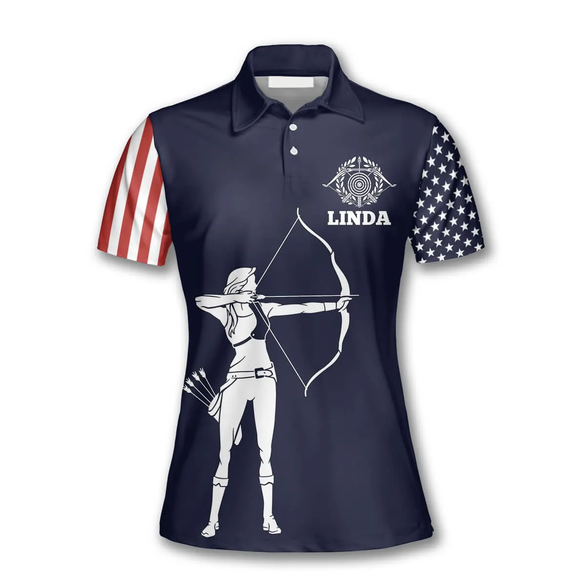 Female Archer Silhouette Navy Flag American Custom Archery Polo Shirts for Women