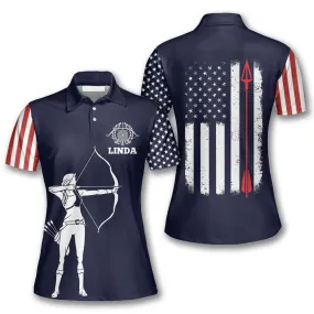 Female Archer Silhouette Navy Flag American Custom Archery Polo Shirts for Women