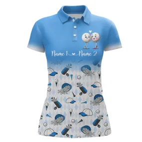 Funny Couples Golf Polo Shirts For Women Custom Name, Golf Pattern Blue Shirt Gifts