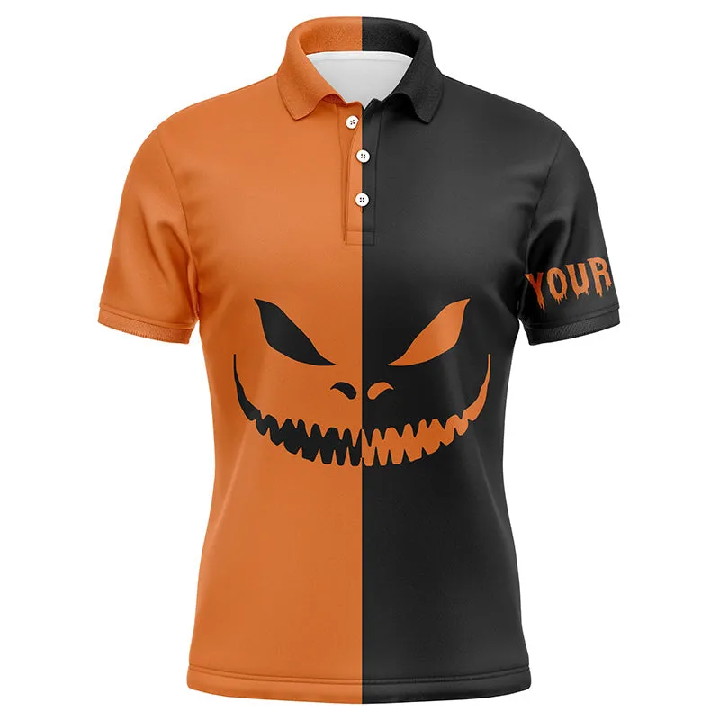 Funny Mens Golf Polo Shirts Halloween Grimace Custom Black And Orange Halloween Mens Golf Wears