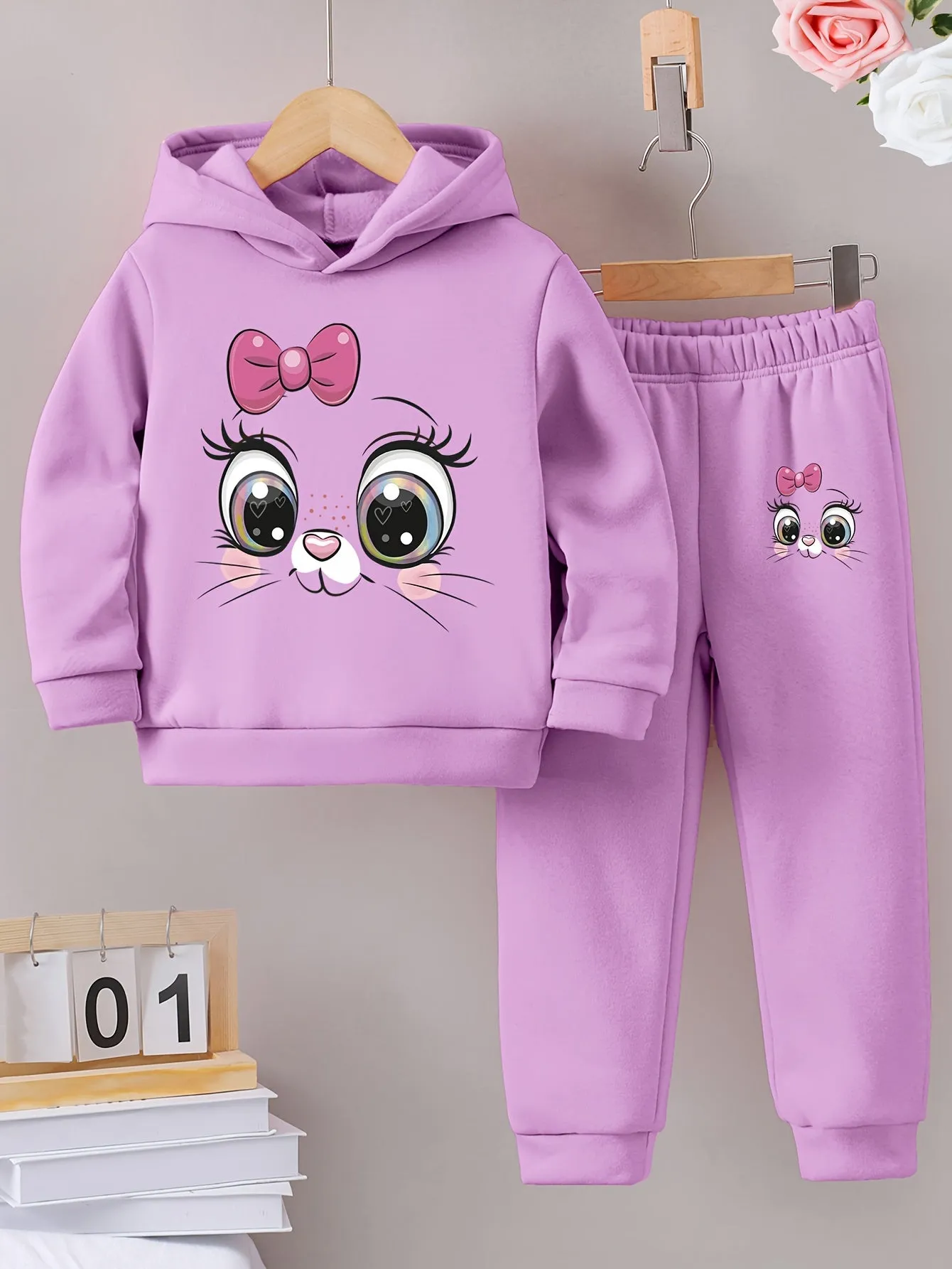 Girls 2-Piece Cartoon Cat Pattern Hooded Sweatshirt and Sweatpants Set 🐱👧